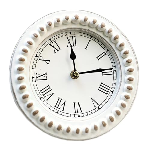 KOREEN'S Farmhouse Table Top Clock with Wooden Beads-Mantal Tabletop Clcok-Desk Clock-Small Round Clock-Slient Light Desk Clock for Home Decor