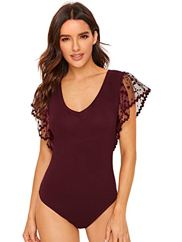 Verdusa Women's Contrast Mesh Flutter Short Sleeve V Neck Leotard Bodysuit Wine Red L