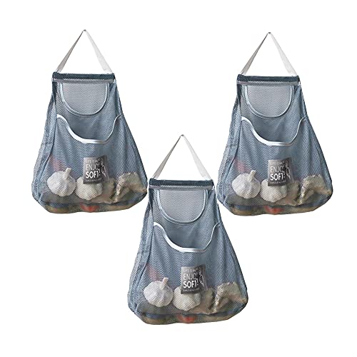 TuuTyss Set of 3 Double Layer Hanging Reusable Mesh Bag for Kitchen Storage,Grocery Bag Vegetable Bag for Fruit,Garlics,Potatoes,Onions-Grey