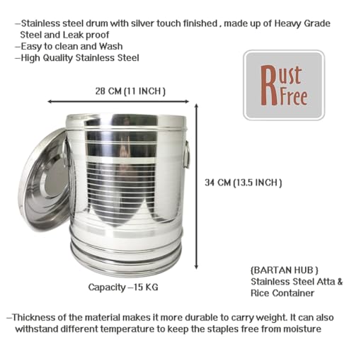 Image of Stainless steel Large Container /Storage Set of 2 (Dishwasher Safe, 10 KG, 15 KG, Grocery Container, Atta /Rice Storage Container)