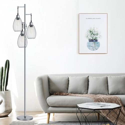 Image of Nintiue Dimmable Floor Lamp, 3 x 800LM LED Edison Bulbs Included, Industrial Floor Lamp Standing Tree Lamp with Elegant Teardrop Cage Heads Tall Lamps for Living Room Bedroom-Grey