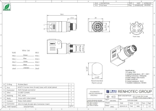 Adaptador Elecbee M12 a RJ45 D Código 4 Pines Hembra Ángulo miniatura 3
