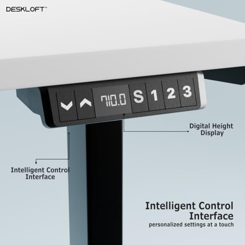 Image of Height Adjustable Electric Desk Table | Motorized Sit Stand Workstation with Walnut Wood Grain Desktop | Ergonomic Computer Table for Home Office (Black Frame & White Top, 1200 x 600 mm)