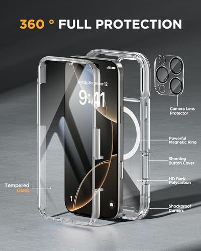 Image of Miracase for iPhone 16 Pro Max Case 6.9'', [Bubble Free] Full-Body Bumper Phone case with Built-in Full Glass Screen &Lens Protector,Compatible with MagSafe,Drop Proof 16 Pro Max Cover,Clear