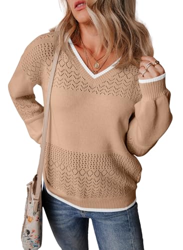 Image of SHEWIN Women's Sweaters Casual Long Sleeve V Neck Crewneck Lightweight Crochet Pullover Sweater Tops
