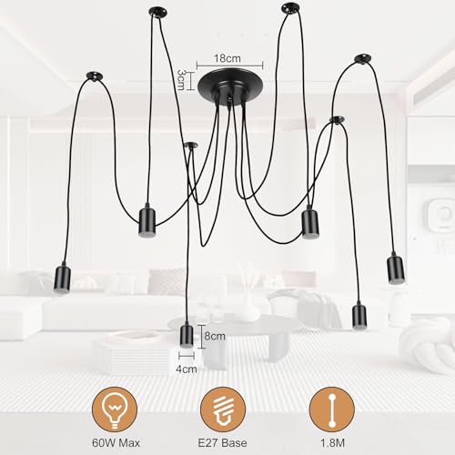Plafonnier suspendu réglable noir avec 6 douilles E27 Lightess