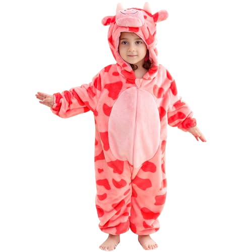 HAHASHOW Unisexe Grenouillères Combinaison BéBé d'hiver Animal Barboteuses Manteau à Capuche Enfants Pyjama Jumpsuit pour Garçon et Fille 0-6 Mois, Vache