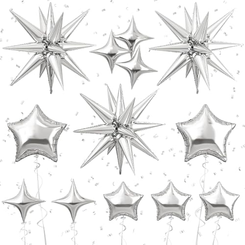 Image of 22 Inch Star Balloons Silver - 13pcs 4D Foil Metallic Star Balloons for 70s Disco Party Birthday Graduation New Year Decorations