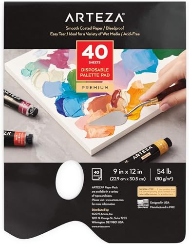 Arteza Disposable Palette Paper Pad, 9x12 Inch, 40 White Sheets, 54 lb, Glue-Bound, Bleed-Proof Paint Palette with Thumb Hole, for Oil Paint, Acrylics, Watercolors & Gouache