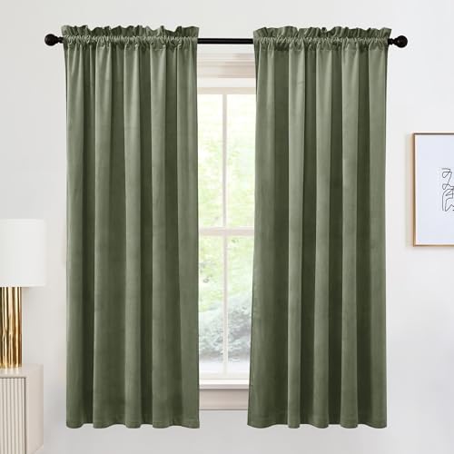 Image of RYB HOME Velvet Curtains 63 inches Long, Rod Pocket Soft Fabric Curtains & Drapes for Bedroom Cafe, Sage Green, W 42 x L 63, 2 Panels Set | Thermal Insulated, Privacy, Sunlight UV Heat Blocking, Laundry Office, Sage Green, W42 x L63, 2 Panels Set