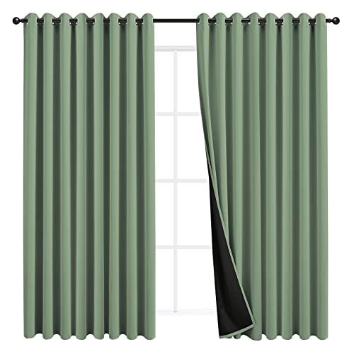 JSFLY 100% Blackout Curtains 84 inch Length for Bedroom, Thick Noise Reduction Thermal Insulated Grommet Window Drapes Light Blocking Curtains for Living Room, 2 Panels (108 W X 84 L,Greyish Green)