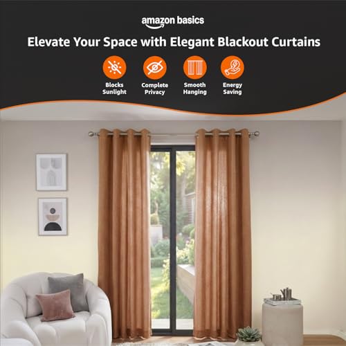 Image of Amazon Basics - Room Darkening Blackout Door Curtains, 100% Room Darkening | 9 Feet |Set of 2| Embossed | Self Deisgn |for Living Room and Bedroom | 115cmx 274cm, Color- Coffee