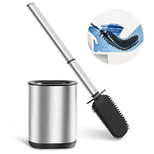 COSICOSY Toilet Brush , Stainless Steel Silicone Toilet Brush and Holder Flexible Soft Silicone Toilet Brush for Deep Cleaning with Long Handle Wall Mounted Silver