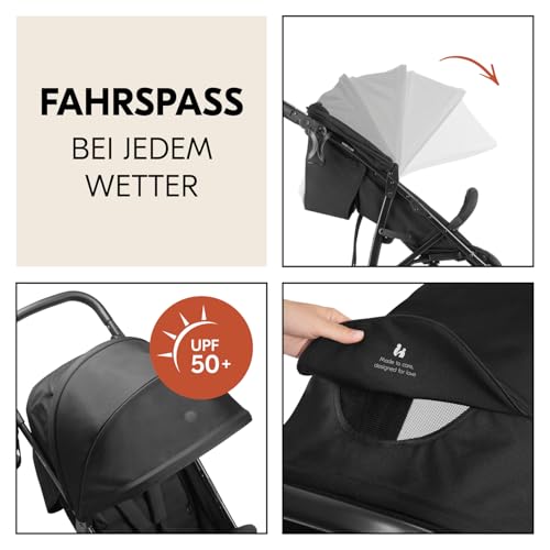 hauck Rapid 3 Air, Schwarz - Dreirad Kinderbuggy mit Luftreifen, Federung und Liegeposition ab Geburt bis 22 kg, UV Schutz 50+, Zusammenklappbar, Höhenverstellbarer Schieber mit Becherhalter