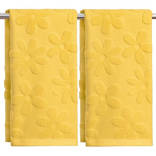 Artoid Mode 2 Pcs Yellow 3D Floral Jacquard Spring Hand Towels for Bathroom 100% Cotton Soft Absorbent Bathroom Decor Towels 13.7 x 29.5 Inch