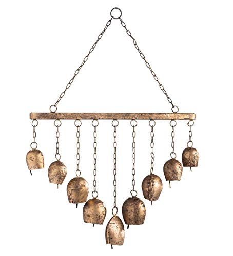 Wind & Weather Metal Wind Chime Handcrafted in India with Nine Bells with Antiqued Golden Finish of Varying Sizes Hung from Chains and Suspended by Two 8-Inch Hanging Chains, 12" W x 16"...