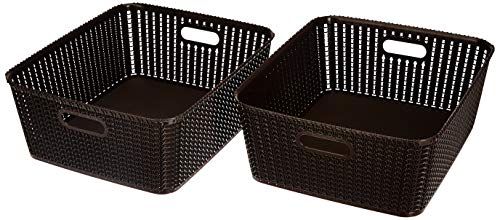 Image of Amazon Brand - Solimo Storage Basket, Set of 2, Large, Brown, Plastic & Amazon Brand - Solimo Kitchen Drawer Organiser, Set of 8, Grey