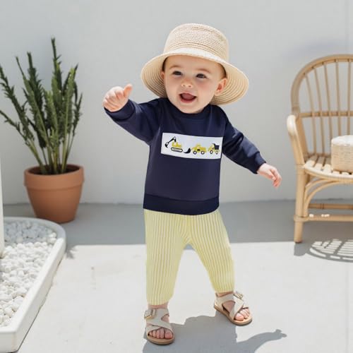 Thorn Tree Toddler Baby Boy Fall Outfits Long Sleeve Digger Vehicle Embroidery Sweatshirt Strip Pants Warm Clothes Set2