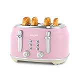 Salter Retro tostadora 4 rebanadas – ranuras anchas, 6 niveles, descongelar, recalentar y cancelar, bandeja recogemigas, expulsión elevada, centrado automático, 1630 W, rosa, EK5739PNKVDE