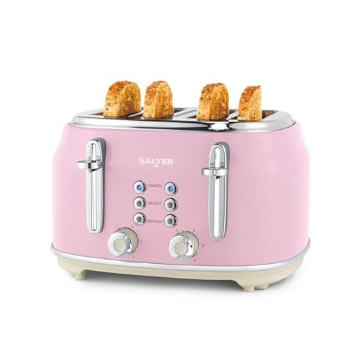 Salter EK5739PNK Retro 4-Slice Broodrooster – Brede Sleuven, 6 Bruiningsniveaus, Ontdooien, Opwarmen, Annuleerfuncties, Uitneembare Kruimellade, Extra Dik Brood/Bagels, Roze