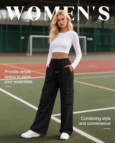 Neer 3 Pack Women's Cargo Sweatpants Wide Leg Baggy Elastic Drawstring Pants Casual Cotton Athletic Joggers with 4 Pockets3
