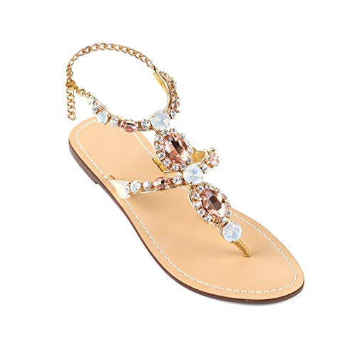 Image of ZhuLinFeng Women'S Rhinestone Gladiator Sandals Flat Wedding Sandals Gem Pearl Sparkling Bridal Bridesmaid Sandals Blue Bohemian Sandals