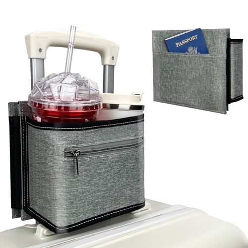 Travel Luggage Cup Holder, Vethers Drink Carrier, Luggage Cup Holder Attachment, Free Hand Suitcase Drink Carrier for Drinks Beverages, Coffee, Bottles, Snacks (Snowy Gray)