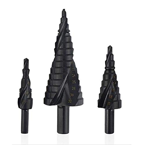 SaferCCTV High-Speed Steel Step Drill Bit Set,Nitrided Triangle Handle Hole Cutter,Black HSS Spiral Step Drill Bit 4-12/4-20/4-32mm,Titanium Step Drill Bit Set,3Pcs