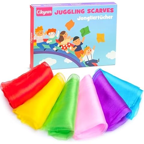 Cikyner Juggling Scarves, 6 Pcs Colorful Chiffon Cloths 60x60cm Dance Scarves Juggling Cloths for Dance Gymnastic Clothes Dance Towels for Indoor & Garden Dancing, Juggling, Sensory Game for Children Cover