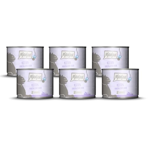 MjAMjAM - Premium Nassfutter füt Katzen - Kitten vorzügliches Kalb mit Lachsöl, 6er Pack (6 x 200 g), getreidefrei mit extra viel Fleisch