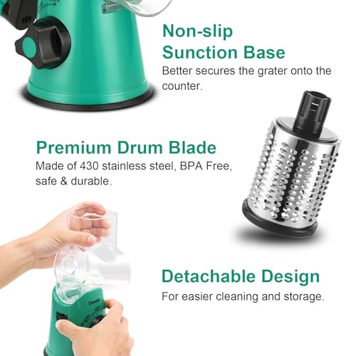 Image of Geedel Rotary Cheese Grater with 3 Interchangeable Blades, Kitchen Mandoline Vegetable Slicer for Fruit, Nuts , Easy to Clean
