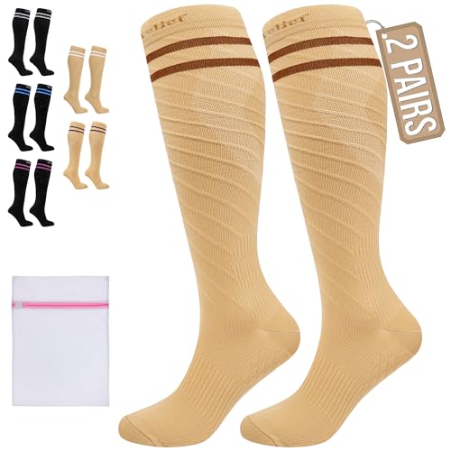 360 RELIEF 2 Pairs Compression Socks for Women Men, 15-20 mmHg Supports Circulation, Travel Flight Socks, Pregnancy Stockings S/M, Beige with 2 Dark brown lines + Laundry Bag