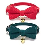 Ewinoom 2 Pack Soft Corduroy Christmas Cat Collars with Bow Tie & Bell, Adjustable Breakaway Cotton Kitty Bowtie Collar for Girl Boy Kitten (Red & Green)