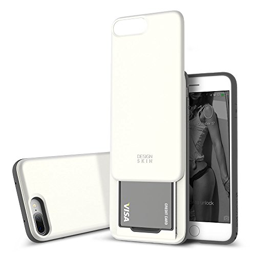 DesignSkin iPhone 8+ Sliding Card Holder Case, Extreme Heavy Duty Triple Layer Bumper Protection Wallet Cover with Storage Slot Slider for Apple iPhone 8 Plus / 7 Plus - White Pearl