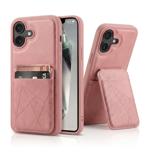 Image of amazon basics Premium Vegan Leather Back Cover with Card Holder and Integrated Mobile Stand for iPhone 17 - Slim Shockproof Wallet Case with Geometric Stitching [Pink]