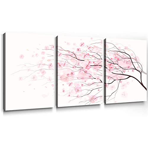 Cherry Blossom Canvas Painting Pink Flower Pictures Watercolor Floral Posters Pink and White Wall Art Spring Art Prints Modern Flower Artwork Pink Canvas Wall Art for Living Room 16x24inchx3 Frameless
