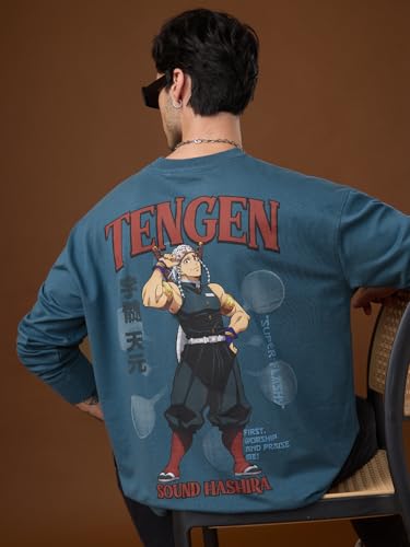 Image of The Souled Store Demon Slayer: Tengen Men and Boys Long Sleeve Round Neck Blue Graphic Printed Drop Shoulder Casual Anime Streetwear Oversized T-Shirt