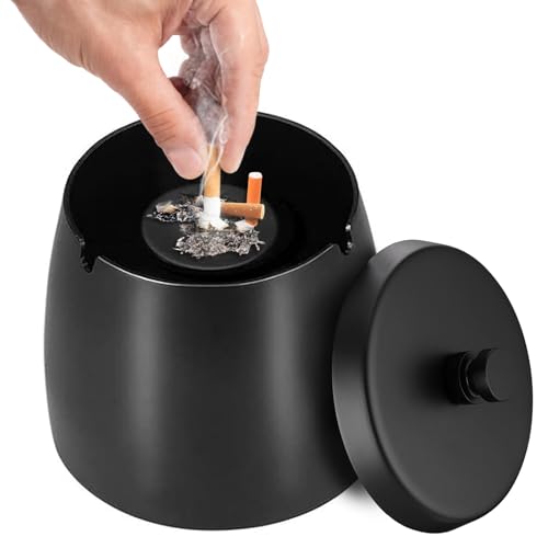 Cendrier Acier Inoxydable Extérieur avec Couvercle et Tapis Antidérapant, Cendrier Voiture Coupe-Vent Anti Odeur, Outils Portable Mégots Cigarettes Mettre pour IntéRieur, Restaurant, Bar, Bureau(Noir)