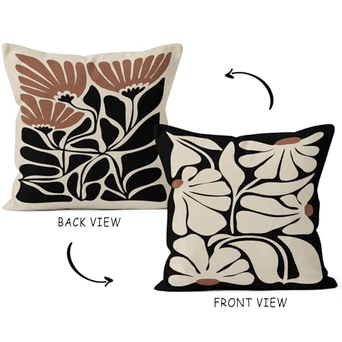 Hiwx 486 Boho Black And Beige Floral Pillow Covers 18 X 18, Botanical Neutral Plant Decorative Throw Pillow Cover, Abstract Bohemian Flower Plant For Sofa Bed Girls Room Home Decor Reversible Pillowcase thumb #1