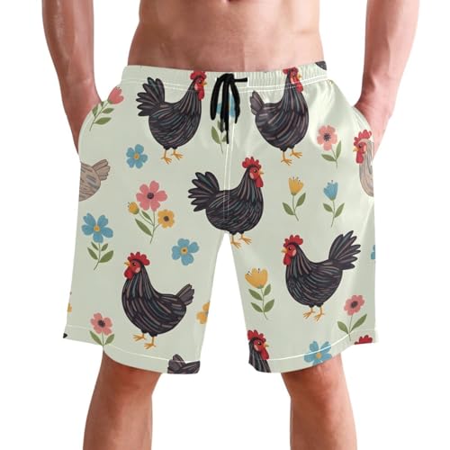 Men's Swim Trunks Quick Dry Swimming Shorts with Pocket Chicken Flowers on Light Swimsuit Trunks