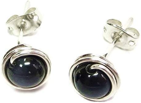 Blue Tiger Eye & Sterling Silver Wire-Wrapped Post Earrings