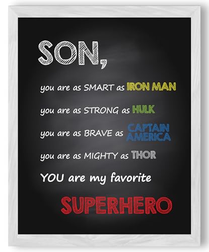 Inspirational Son Wall Art Print – 8x10 Unframed Chalkboard Style Quote Poster – Uplifting Gift from Parents to Boys – Motivational Décor for Bedroom, Nursery, or Playroom – You Are My Favorite Hero