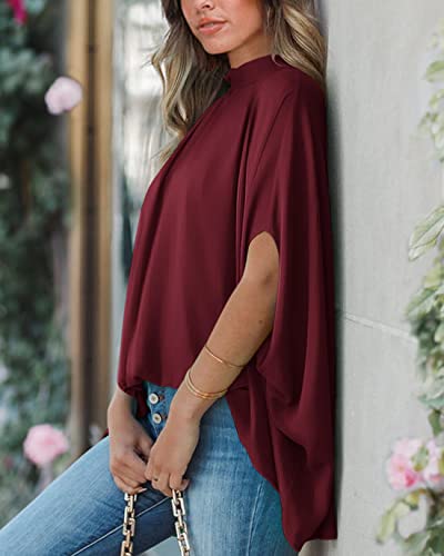 Btfbm Women's Mock Neck Batwing Short Sleeve Summer Tops Casual Oversize Loose Fit High Low Hem Dressy Blouses Shirts Top(Solid Wine Red, Medium) #TOP6