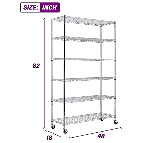 Fdw BEST-WS-776-CHROME 48"L×18"W×82"H Wire Shelving Unit Storage Cart Metal Shelf Rolling Utility Cart 2100Lbs Capacity With 6 Tier Casters Adjustable Layer Rack Strong Steel thumb #2