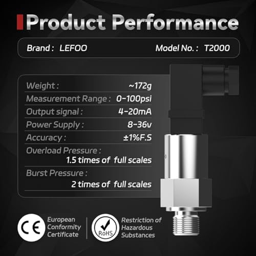 LEFOO T2000 0-100PSI 4-20mA Air Compressor Water Pressure Transmitter 8-36VDC Hersman Oil Pressure Transducer Sender Sensor G1/4 Fuel Pressure Transducer for Diesel Fuel Gas Water Oil - Thumbnail 2
