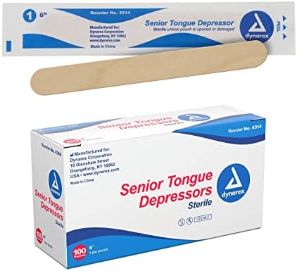 Dynarex Tongue Depressors, Sterile, 6" Senior-Sized Length, Made from Beige Birch Wood, Comes in Peel-Down Patches, 1 Box of 100