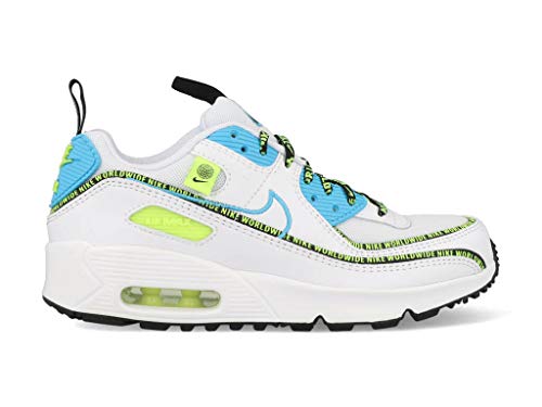 Nike Air Max 90 Kids GS Fashion Shoes (White/Blue Fury-Black-Volt, Numeric_4)