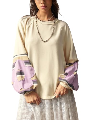 BEAUDRM Women's Oversized Sweatshirt Fall Boho Tops Crewneck Sweatshirt