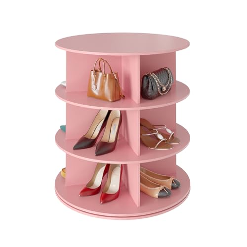 SpaceAid 3 Tier Rotating Shoe Rack Tower, Spinning Shoe Display Lazy Susan, Revolving 360 Shoe Rack Storage Round Carousel, Vertical Handbag Rotate Shoes Closet Organization (3-Tier Pink)