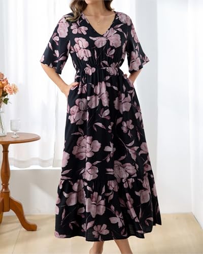 Image of Women's Summer Short Sleeve Maxi Floral Flowy Dresses with Pockets